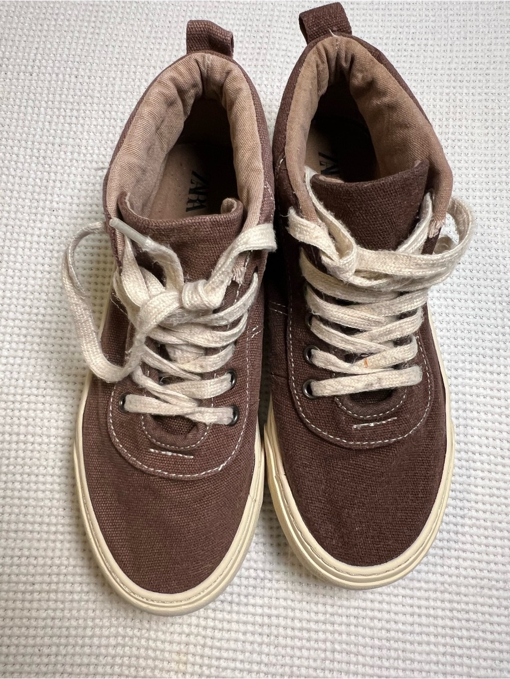 Zara Brown Canvas High-Top Sneakers with Cream Laces